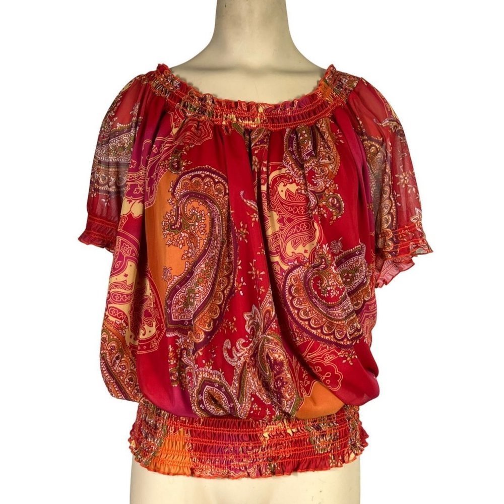 CHA Cha Vente women's red Boho patterned short sleeve top size M